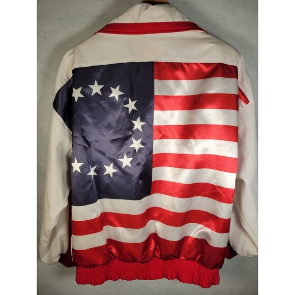 VTG USA Flag Satin Bomber Jacket Mens MEDIUM LARGE Kim Baker Design White - Picture 8 of 12